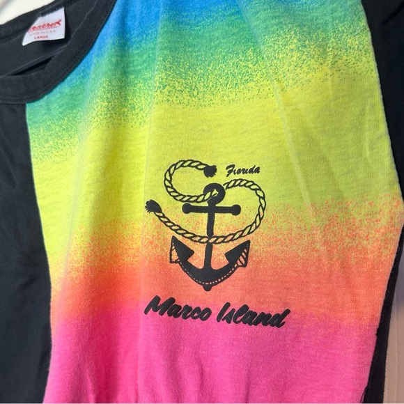 VTG Feathers International Single Stitch T-Shirt Marco Island Size L Neon Black - Picture 3 of 9